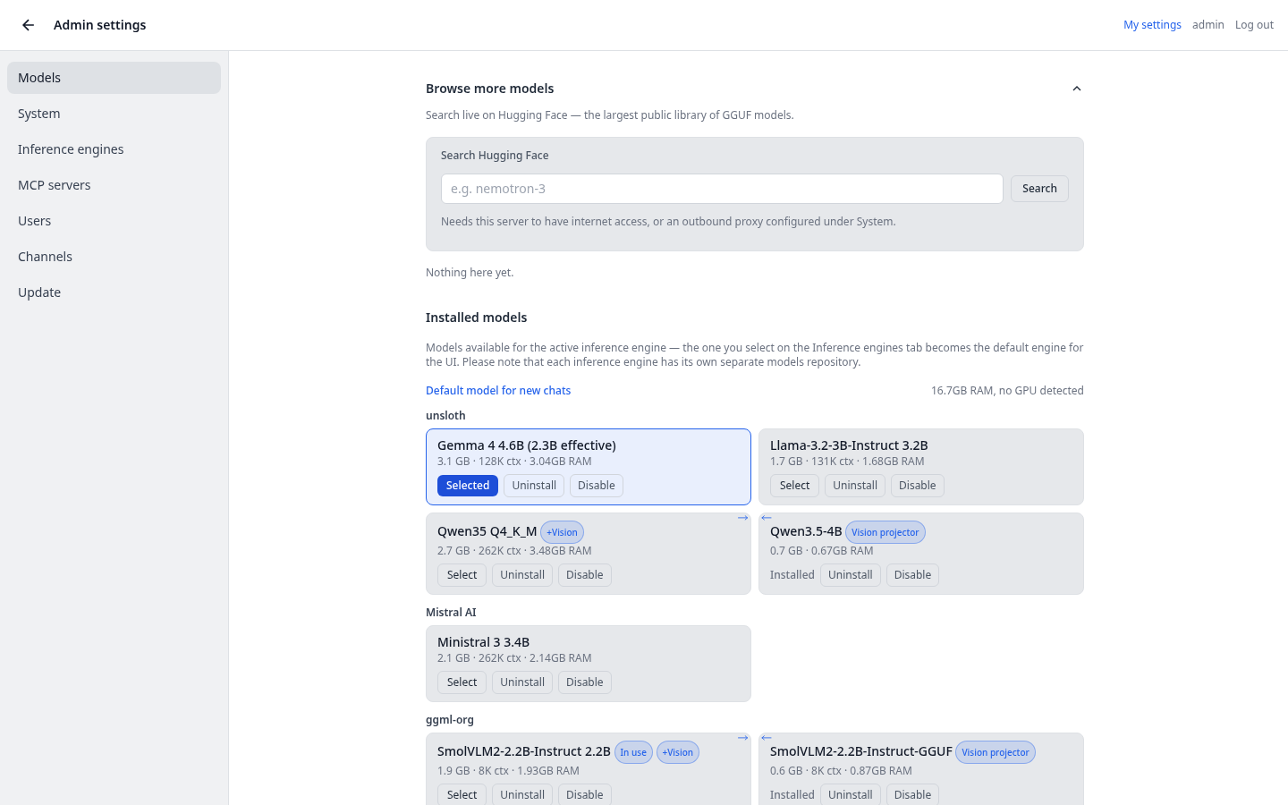 pAIring model management: search Hugging Face and pick installed models